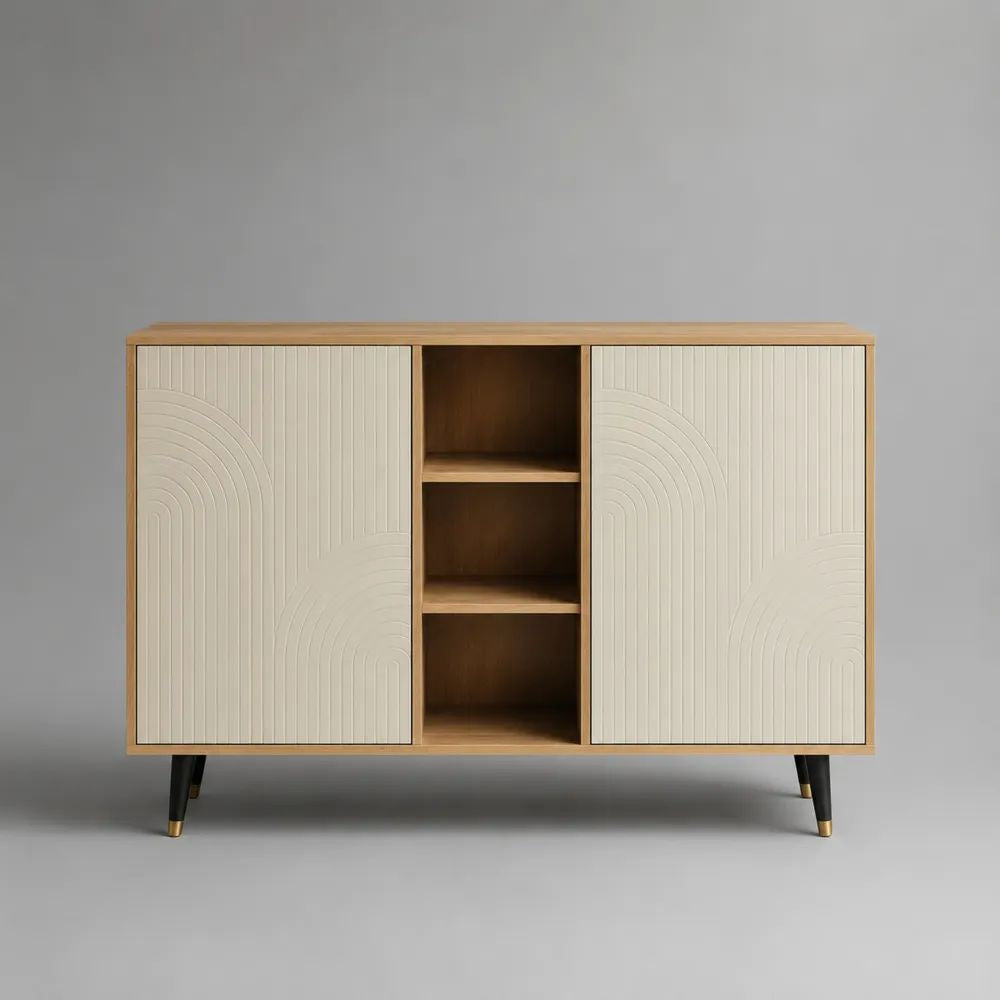 Sideboard aus Spanplatte und MDF mit 2 Türen und 3 offenen Fächern, Eichefarben/Creme, 120 × 40 × 80 cm