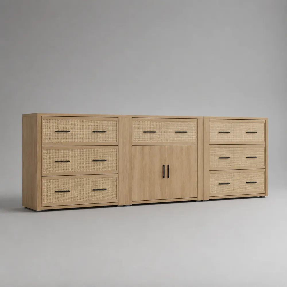 3-teiliges Sideboard aus Holz, Metall und Rattan mit 7 Schubladen und 2 Türen, Natur/Schwarz, 240 × 40 × 85 cm