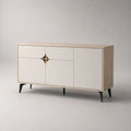 Sideboard aus MDF, Spanplatte und Stahl mit 3 Türen und 2 Schubladen, Beige/Eichefarben/Schwarz, 140 × 40 × 80 cm