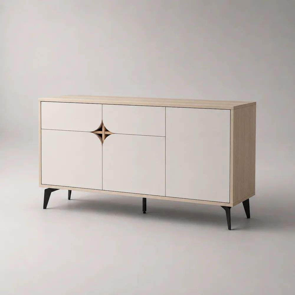 Sideboard aus MDF, Spanplatte und Stahl mit 3 Türen und 2 Schubladen, Beige/Eichefarben/Schwarz, 140 × 40 × 80 cm