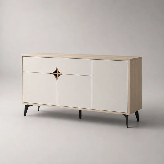 Sideboard aus MDF, Spanplatte und Stahl mit 3 Türen und 2 Schubladen, Beige/Eichefarben/Schwarz, 140 × 40 × 80 cm