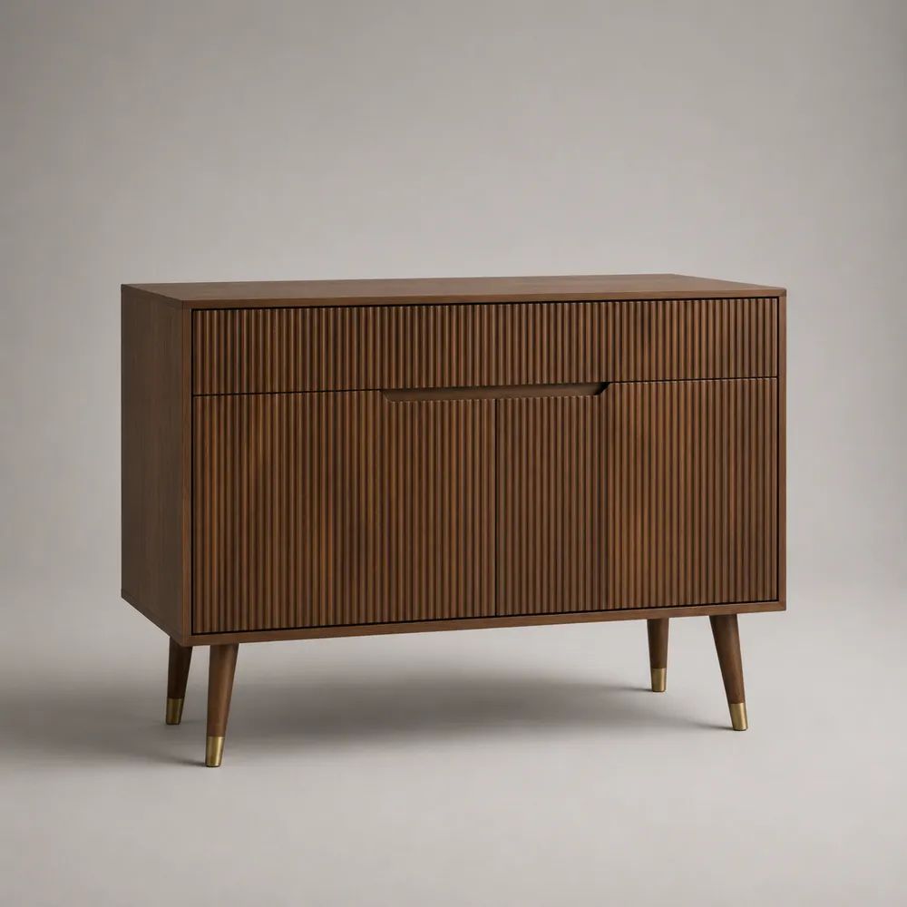 Sideboard aus Holz mit Lamellenfront, Walnussbraun/Messingfarben, 120 × 40 × 85 cm