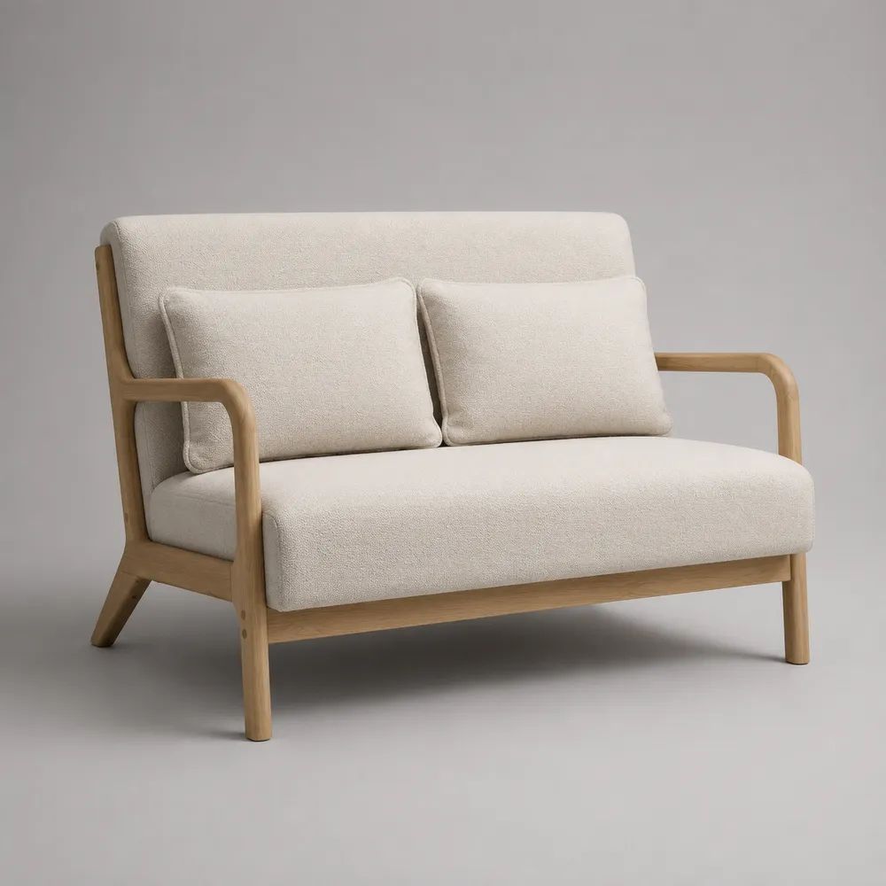 2-Sitzer-Sofa mit Armlehnen aus massivem Gummibaumholz und Bouclé-Bezug in Creme, 130 × 76 × 80 cm