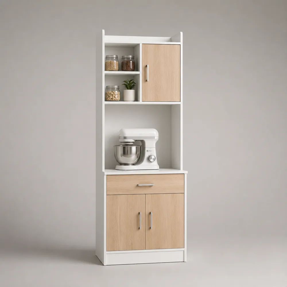 Küchenbuffet mit Gerätestellplatz aus melaminbeschichteter Spanplatte, Weiß/Eichefarben, 60 × 40 × 180 cm