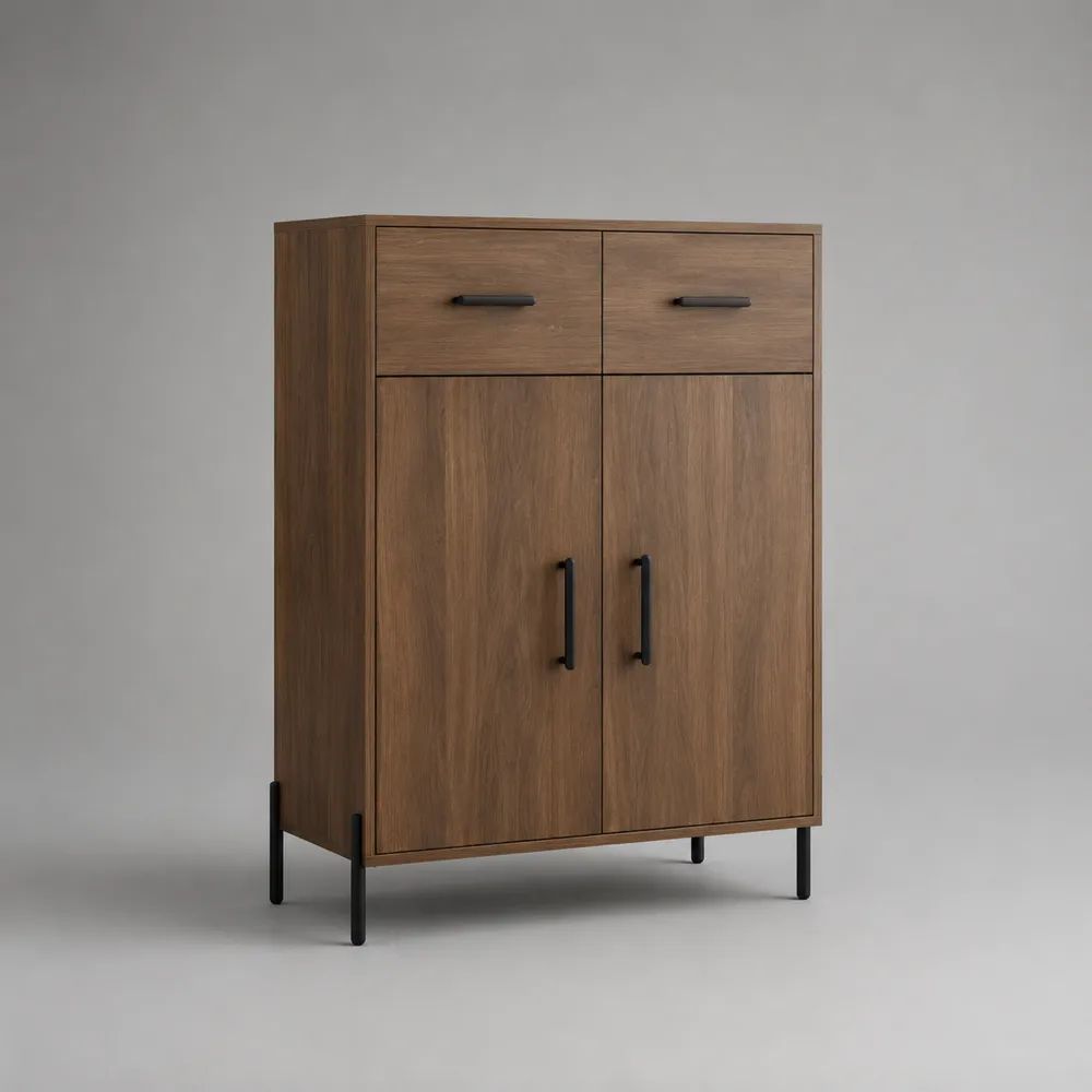 Sideboard aus Spanplatte und Stahl mit 2 Türen und 2 Schubladen, Walnussbraun/Schwarz, 90 × 40 × 130 cm