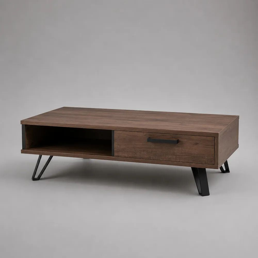 Rechteckiger Couchtisch aus Spanplatte und Stahl mit Schublade und Ablage, Walnussbraun/Schwarz, 110 × 55 × 40 cm