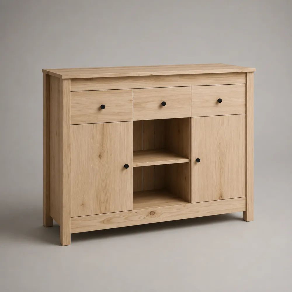 Sideboard aus massiver Eiche mit 3 Schubladen, 2 Türen und 2 offenen Fächern, Eiche Natur/Schwarz, 120 × 40 × 90 cm