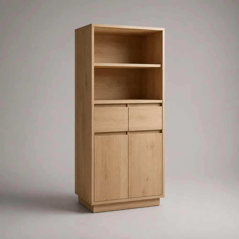 Highboard aus MDF mit Eichenfurnier, 2 Türen, 2 Schubladen und 2 offenen Fächern, Eiche Natur, 80 × 40 × 180 cm