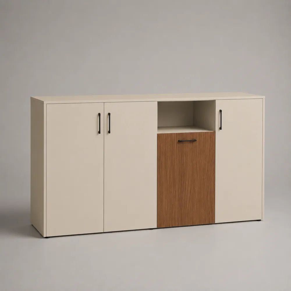 Rechteckiges Sideboard mit 4 Türen und offenem Fach aus melaminbeschichteter Spanplatte, Cremeweiß/Eiche, 160 × 40 × 90 cm