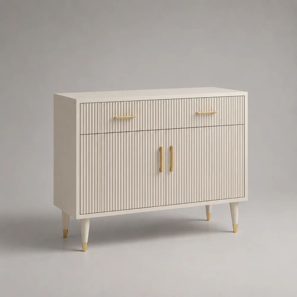 Sideboard aus MDF mit 1 Schublade und 2 Türen, geriffelte Front, Weiß/Messingfarben, 120 × 40 × 90 cm