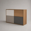 Rechteckiges Sideboard mit 4 Türen aus MDF mit Eichenfurnier, Eiche Natur/Weiß/Taupe/Anthrazit, 120 × 40 × 80 cm