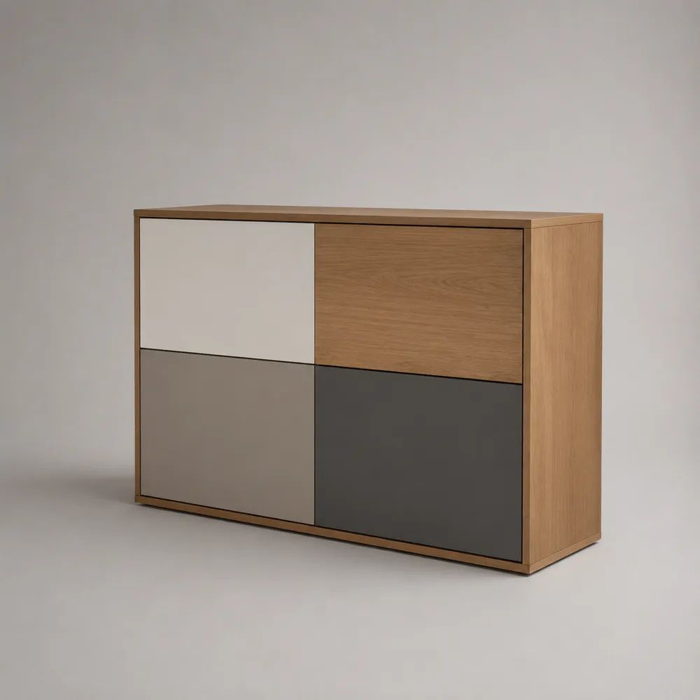 Rechteckiges Sideboard mit 4 Türen aus MDF mit Eichenfurnier, Eiche Natur/Weiß/Taupe/Anthrazit, 120 × 40 × 80 cm