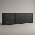 Sideboard mit 7 Schubladen und 2 Türen aus melaminbeschichteter MDF, Schwarz/Messingfarben, 240 × 45 × 85 cm