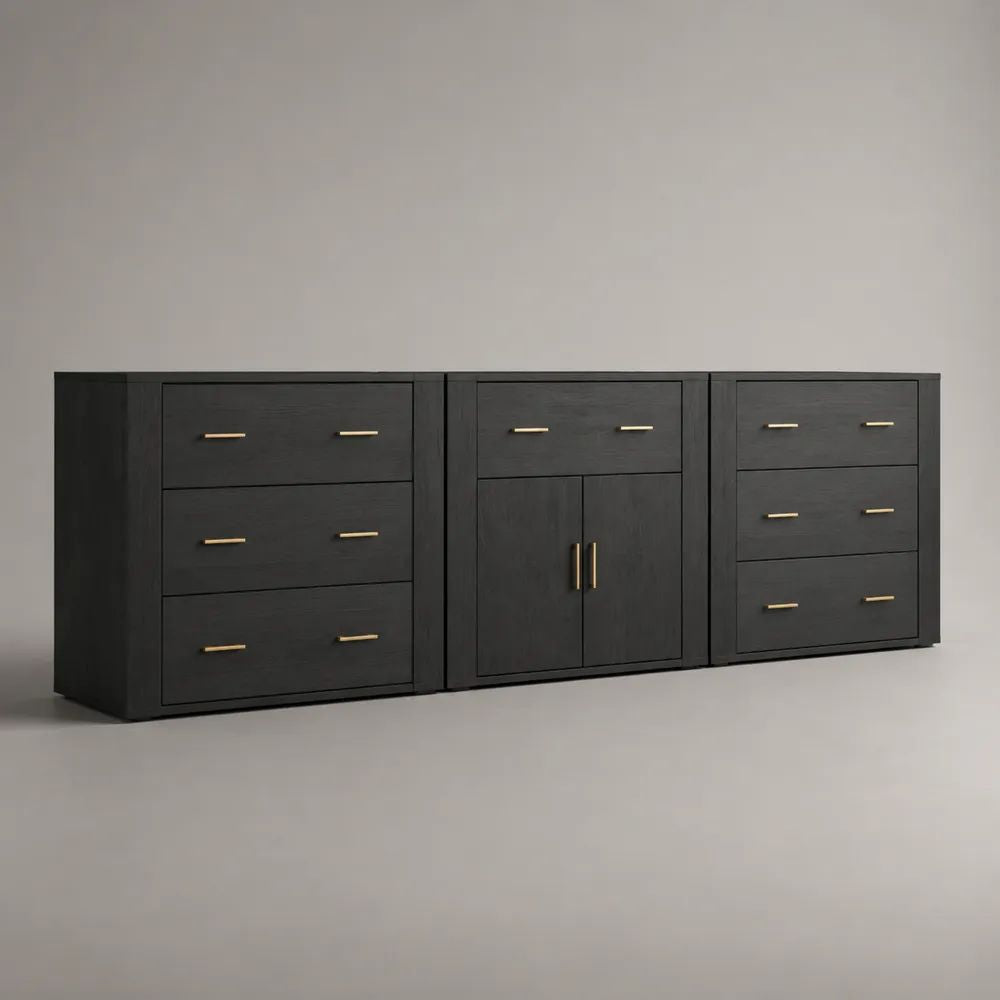 Sideboard mit 7 Schubladen und 2 Türen aus melaminbeschichteter MDF, Schwarz/Messingfarben, 240 × 45 × 85 cm
