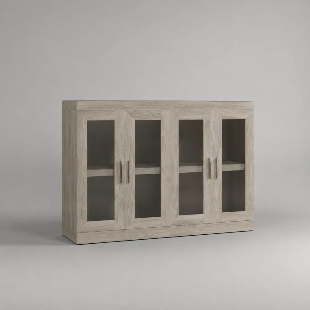 Rechteckiges Sideboard mit 4 Glastüren aus MDF und Spanplatte, Hellgrau, 140 × 40 × 100 cm