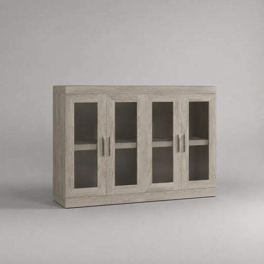 Rechteckiges Sideboard mit 4 Glastüren aus MDF und Spanplatte, Hellgrau, 140 × 40 × 100 cm