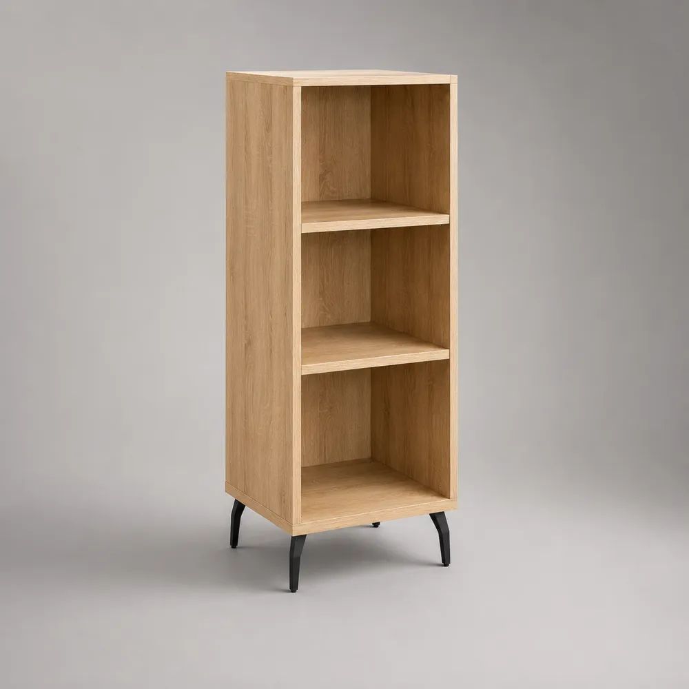 Hohes Sideboard mit 3 offenen Fächern aus Holz und Metallbeinen, Natur/Schwarz, 45 × 40 × 125 cm