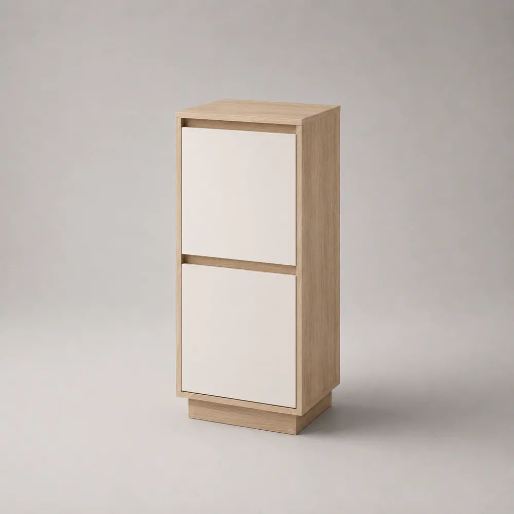 Schmales Sideboard aus Holz mit 2 grifflosen Türen, Eiche Natur/Weiß, 40 × 35 × 90 cm