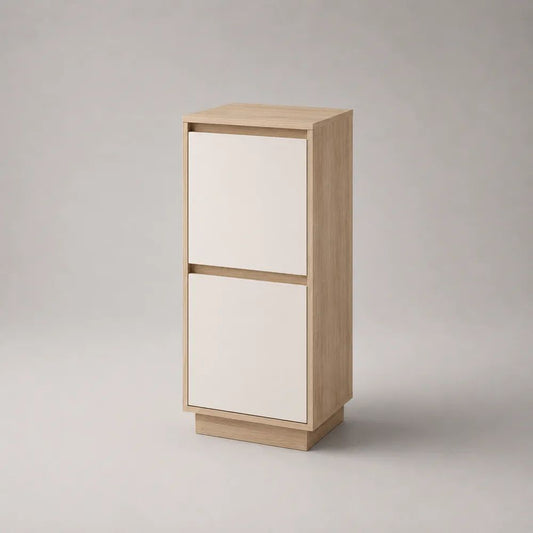 Schmales Sideboard aus Holz mit 2 grifflosen Türen, Eiche Natur/Weiß, 40 × 35 × 90 cm