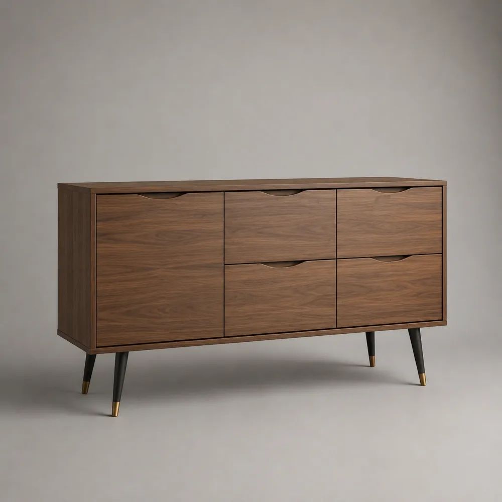 Sideboard mit 1 Tür und 4 Schubladen aus MDF mit Walnussfurnier, Walnussbraun, 120 × 40 × 80 cm