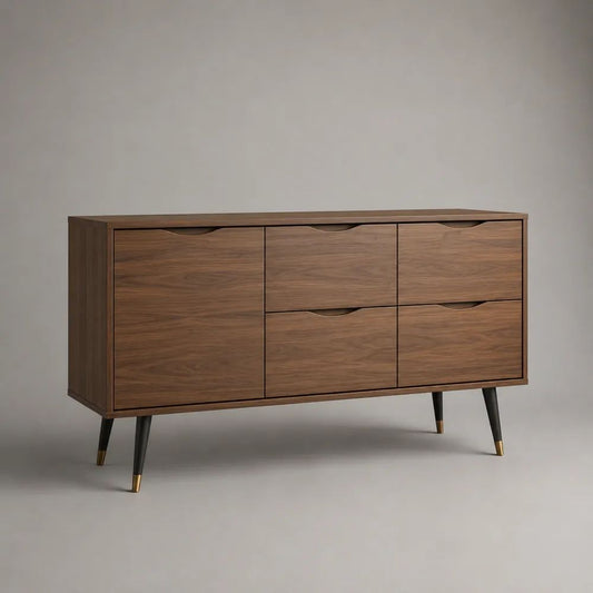 Sideboard mit 1 Tür und 4 Schubladen aus MDF mit Walnussfurnier, Walnussbraun, 120 × 40 × 80 cm