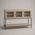 Sideboard mit 3 Glastüren aus MDF mit Eichenfurnier und Stahlgestell, Natur/Schwarz/Messingfarben, 150 × 40 × 100 cm