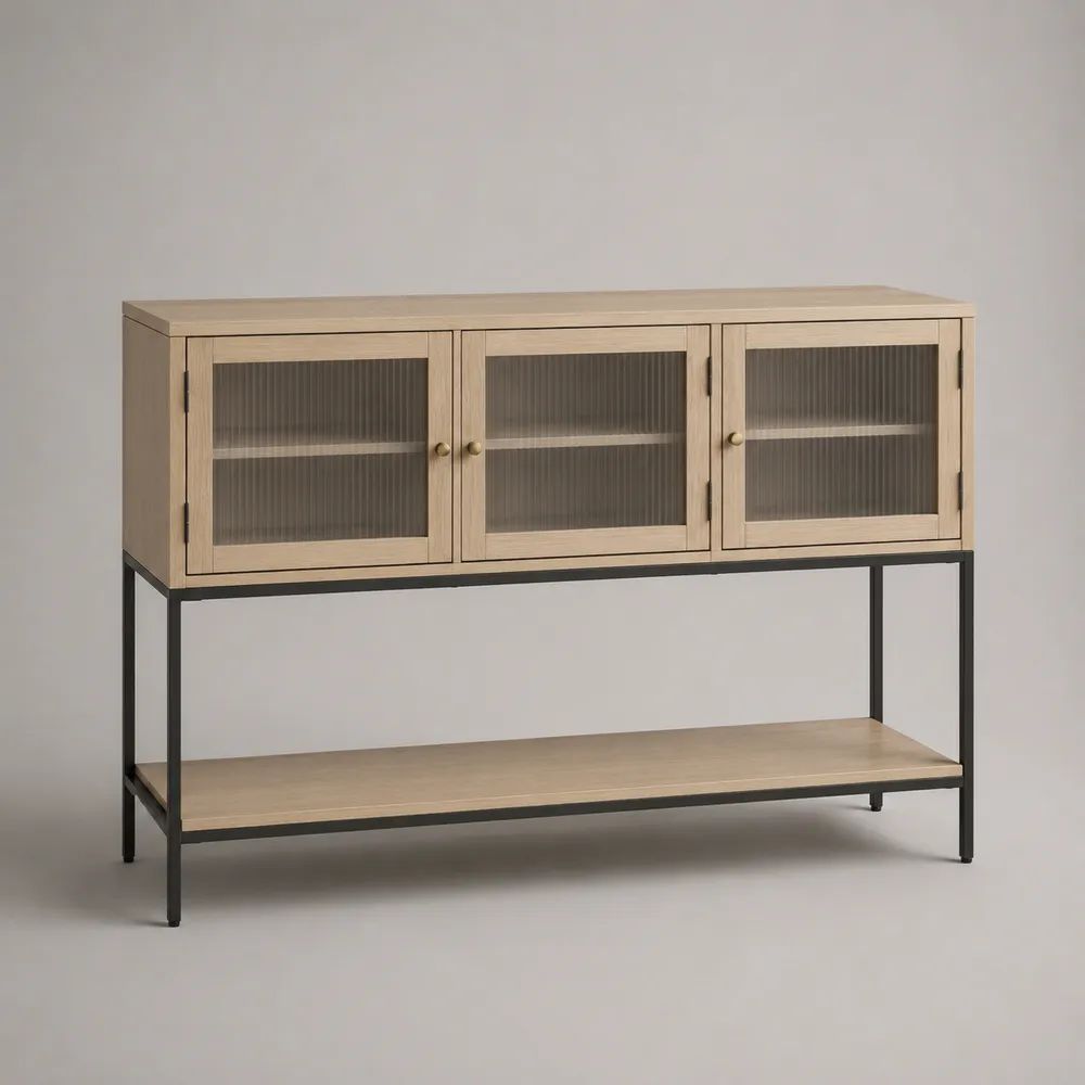 Sideboard mit 3 Glastüren aus MDF mit Eichenfurnier und Stahlgestell, Natur/Schwarz/Messingfarben, 150 × 40 × 100 cm