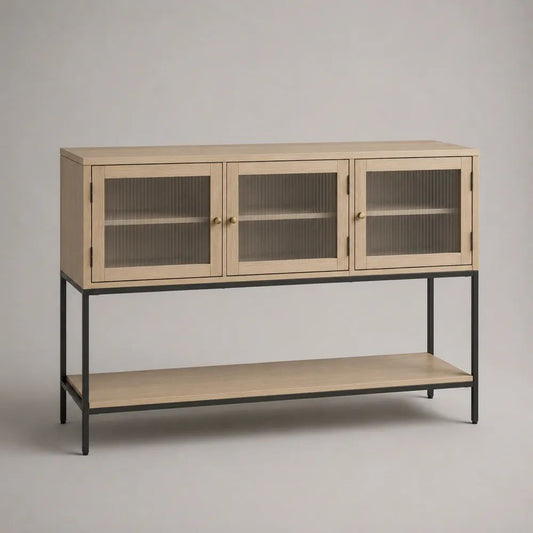 Sideboard mit 3 Glastüren aus MDF mit Eichenfurnier und Stahlgestell, Natur/Schwarz/Messingfarben, 150 × 40 × 100 cm