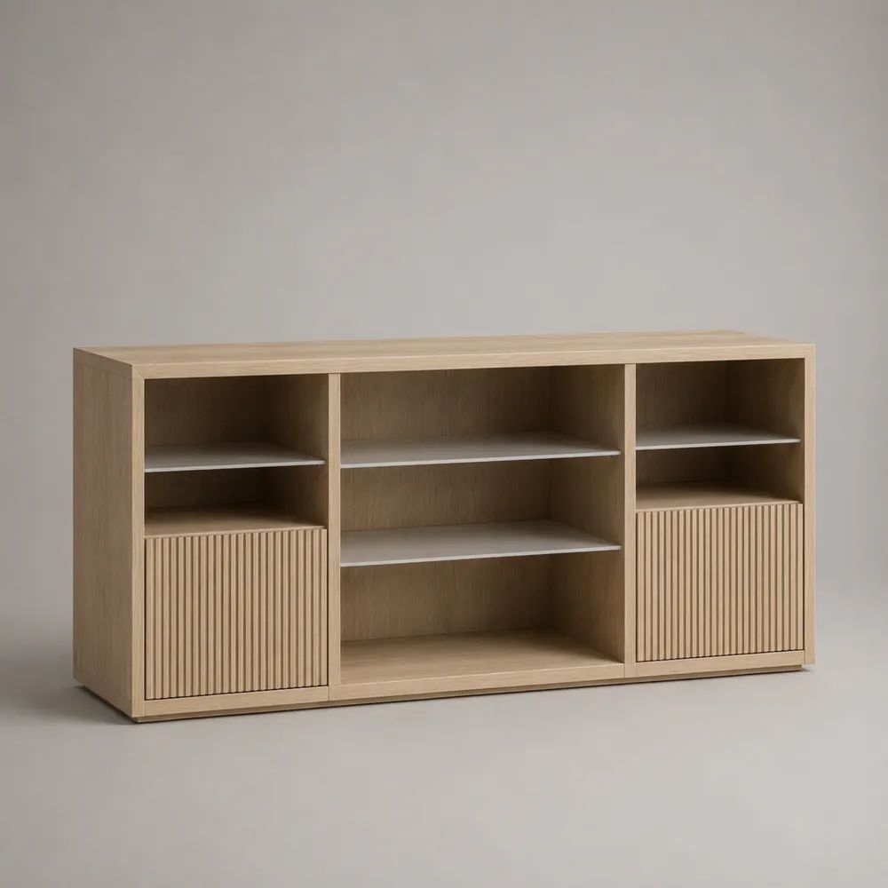 Sideboard aus MDF und Spanplatte mit 2 Türen und 7 offenen Fächern, Eiche Natur/Weiß, 160 × 40 × 80 cm