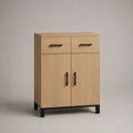 Sideboard-Kommode aus Spanplatte und Stahl mit 2 Schubladen und 2 Türen, Eiche Natur und Schwarz, 80 × 40 × 110 cm