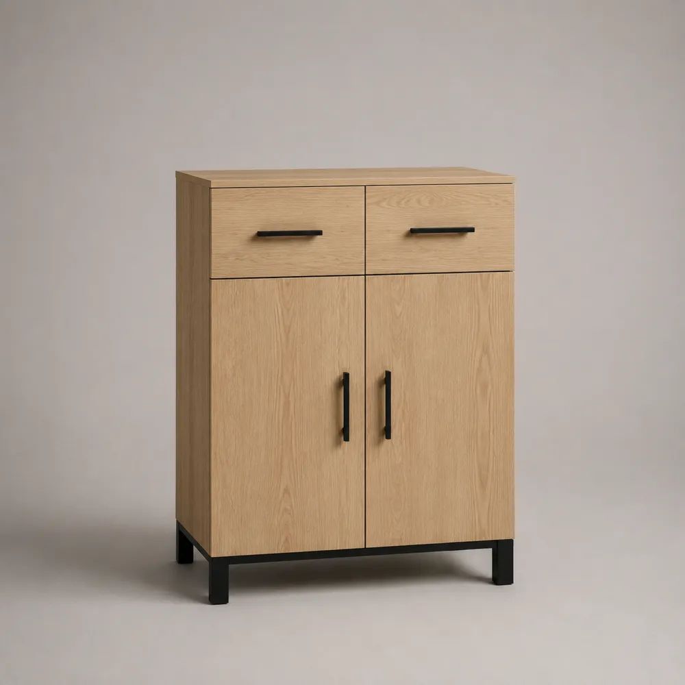 Sideboard-Kommode aus Spanplatte und Stahl mit 2 Schubladen und 2 Türen, Eiche Natur und Schwarz, 80 × 40 × 110 cm