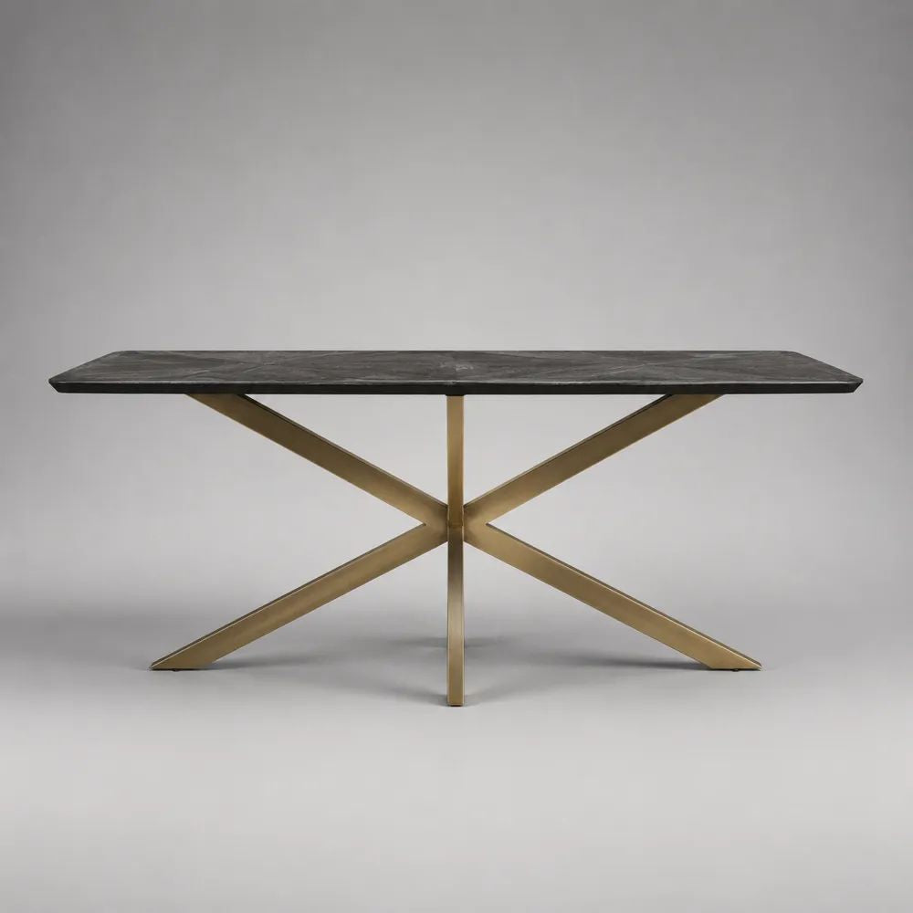 Rechteckiger Esstisch mit 12-mm-Keramikplatte und Stahlgestell, Schwarz/Bronze, 160 × 80 × 75 cm
