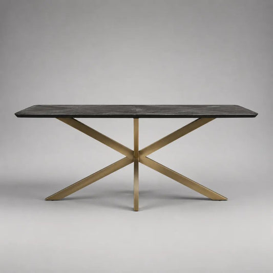 Rechteckiger Esstisch mit 12-mm-Keramikplatte und Stahlgestell, Schwarz/Bronze, 160 × 80 × 75 cm