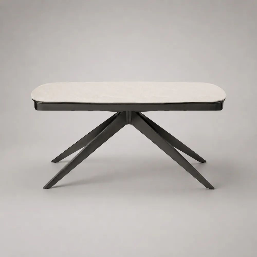 Esstisch mit Keramikplatte und Stahlgestell, abgerundete Rechteckform, Cremeweiß/Schwarz, 180 × 90 × 76 cm