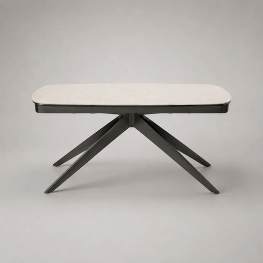 Esstisch mit Keramikplatte und Stahlgestell, abgerundete Rechteckform, Cremeweiß/Schwarz, 180 × 90 × 76 cm