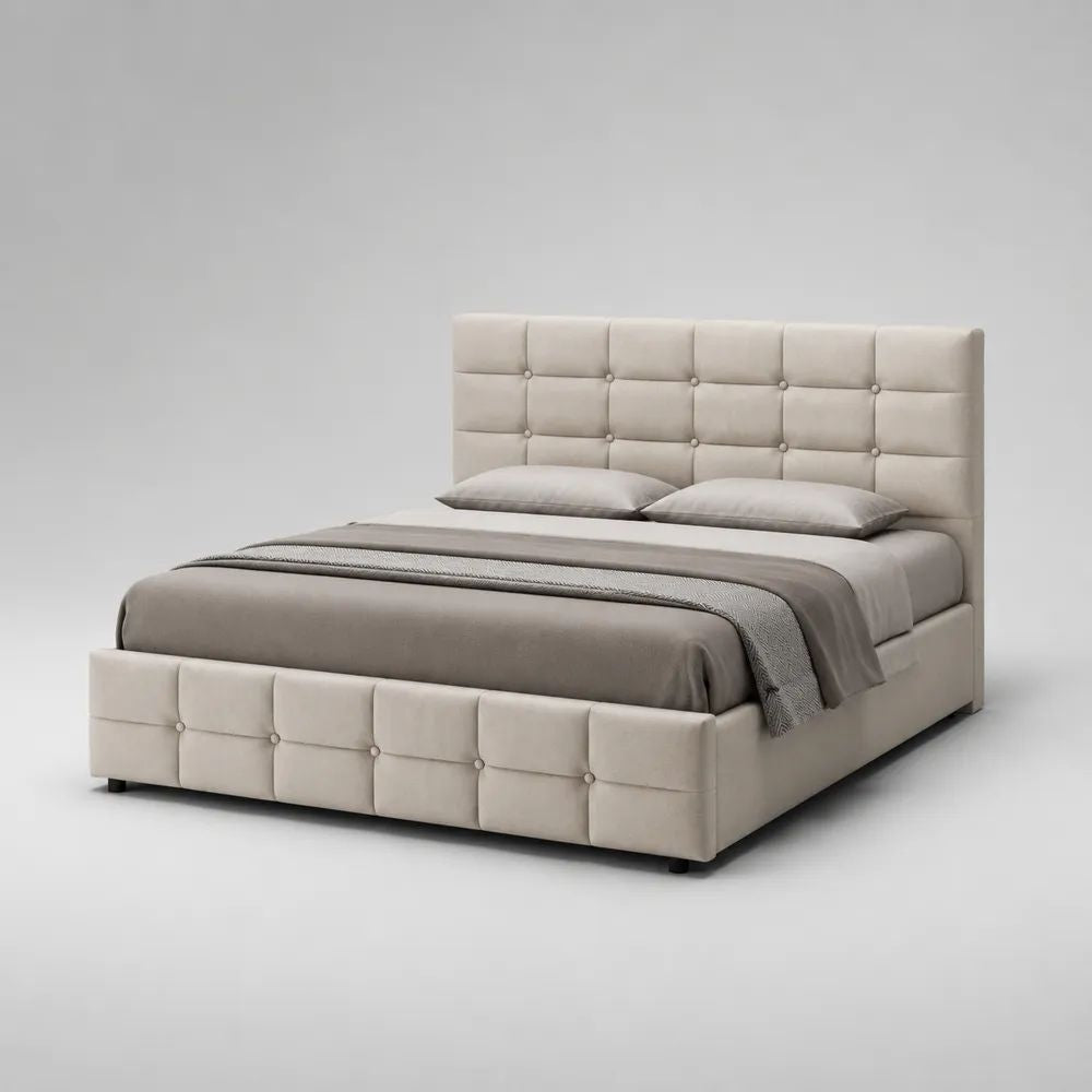 Stauraumbett Polsterbett 160 x 200 cm aus Holz und Metall mit Lattenrost, Bettkasten und Knopfheftung, Beige
