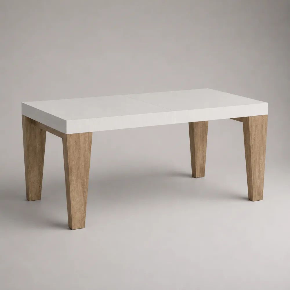 Ausziehbarer rechteckiger Esstisch aus MDF und Massivholz, Weiß/Eichefarben, 120–160 × 80 × 76 cm
