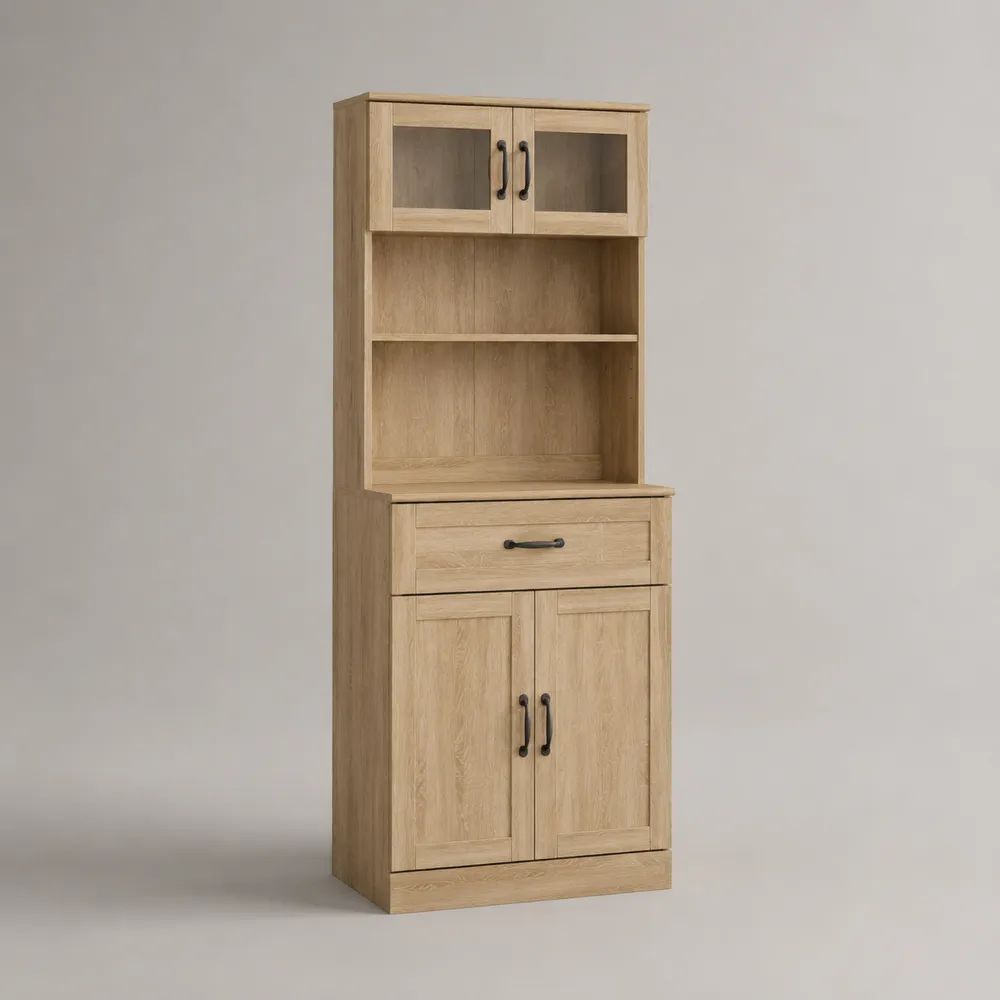 Küchenbuffet mit Aufsatz aus melaminbeschichteter Spanplatte und Glas, 80 × 40 × 180 cm, Eiche Natur