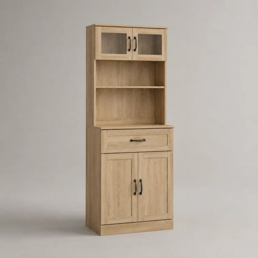 Küchenbuffet mit Aufsatz aus melaminbeschichteter Spanplatte und Glas, 80 × 40 × 180 cm, Eiche Natur