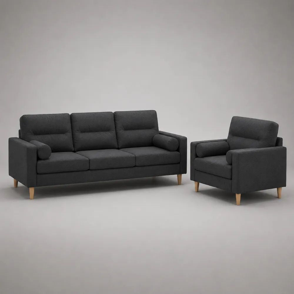 2-teilige Sofagarnitur aus 3-Sitzer-Sofa und Sessel, Stoffbezug und Holzfüße, Dunkelgrau/Natur, 190 × 80 × 86 cm und 82 × 80 × 86 cm