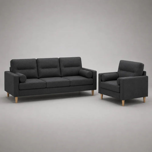 2-teilige Sofagarnitur aus 3-Sitzer-Sofa und Sessel, Stoffbezug und Holzfüße, Dunkelgrau/Natur, 190 × 80 × 86 cm und 82 × 80 × 86 cm