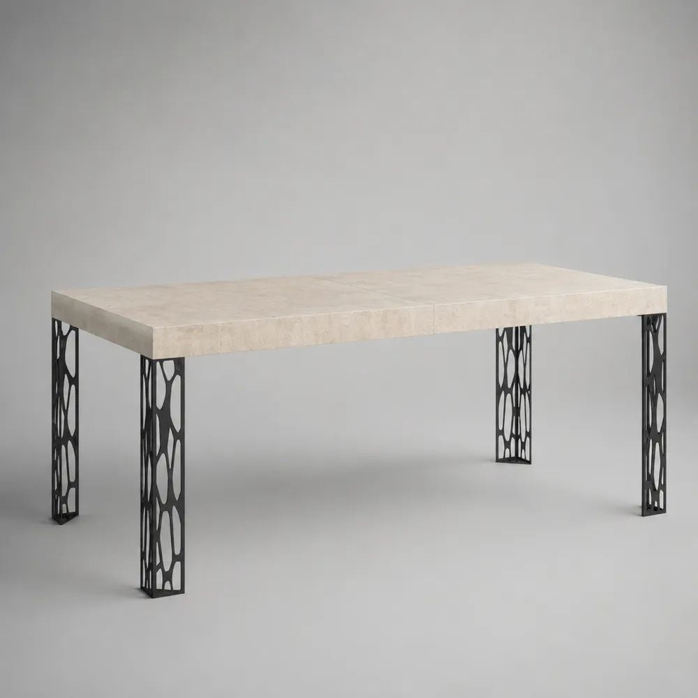 Rechteckiger Esstisch mit MDF-Tischplatte in Travertinoptik und Stahlbeinen, Beige/Schwarz, 160 × 90 × 75 cm