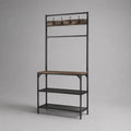 Garderobenständer aus Kohlenstoffstahl und Spanplatte mit Schuhregal, Kleiderstange und 4 Doppelhaken, Schwarz/Dunkelbraun, 85 × 35 × 180 cm