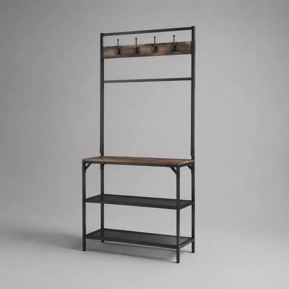 Garderobenständer aus Kohlenstoffstahl und Spanplatte mit Schuhregal, Kleiderstange und 4 Doppelhaken, Schwarz/Dunkelbraun, 85 × 35 × 180 cm