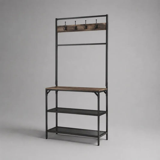 Garderobenständer aus Kohlenstoffstahl und Spanplatte mit Schuhregal, Kleiderstange und 4 Doppelhaken, Schwarz/Dunkelbraun, 85 × 35 × 180 cm