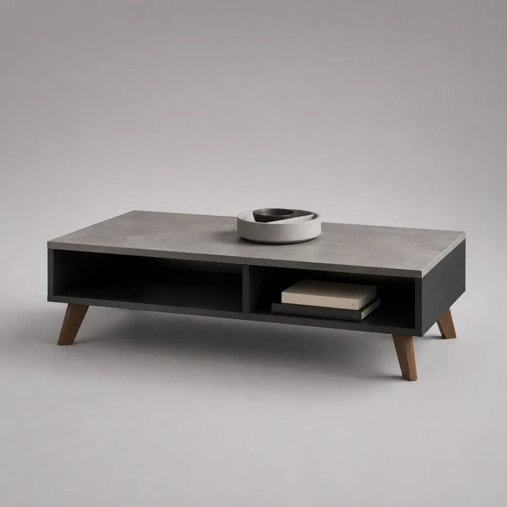 Rechteckiger Couchtisch aus Spanplatte und Kautschukholz mit 2 Ablagefächern, Betonoptik Grau/Schwarz/Braun, 110 x 55 x 40 cm