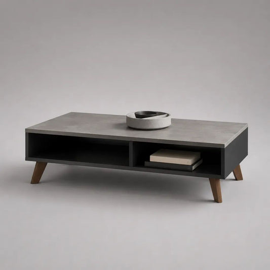 Rechteckiger Couchtisch aus Spanplatte und Kautschukholz mit 2 Ablagefächern, Betonoptik Grau/Schwarz/Braun, 110 x 55 x 40 cm