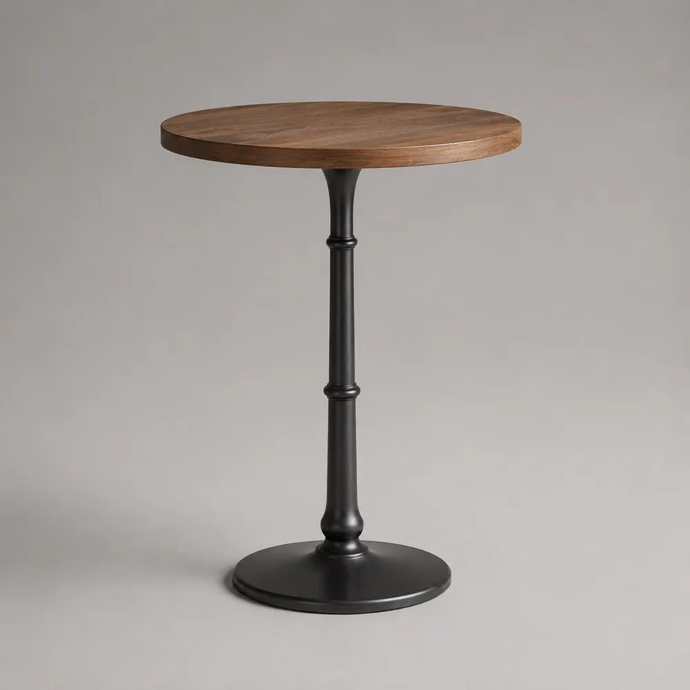 Runder Bartisch aus massivem Akazienholz mit Gusseisenfuß, Braun/Schwarz, Ø 60 × H 105 cm